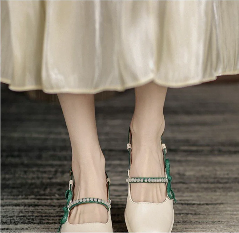 

Босоножки женские на высоком каблуке, туфли-лодочки с жемчужинами, бантом-бабочкой, сказочный стиль, Классическая Повседневная обувь Мэри Джейн на массивном каблуке, лето