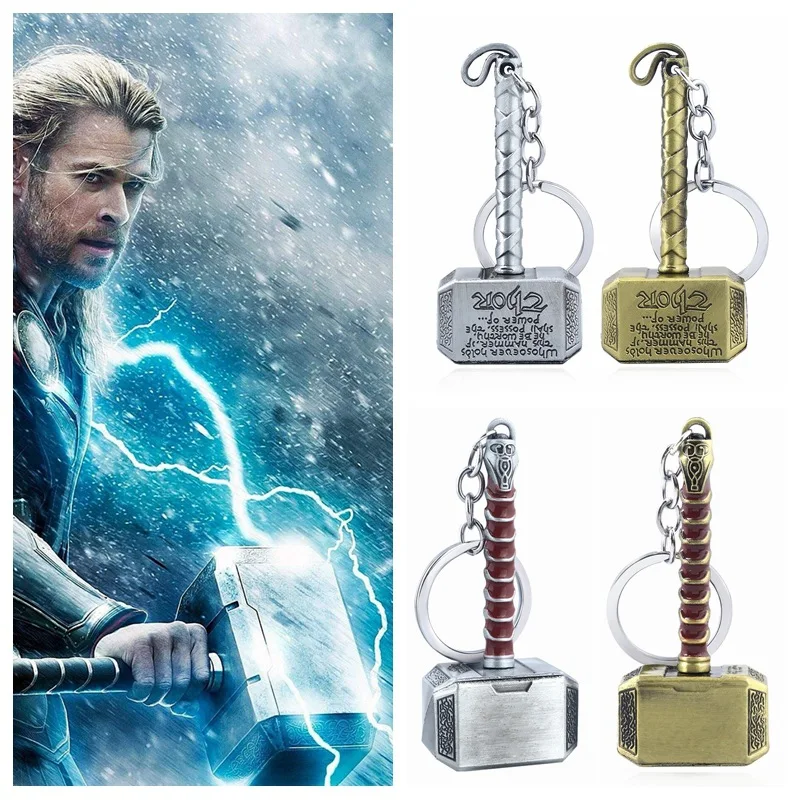 

Marvel Avengers Thor 4 Metal Keychain Anime Figure Toy Thor Hammer Loki Men Women Car Keyring Movie Fans Accessories Figure Toys