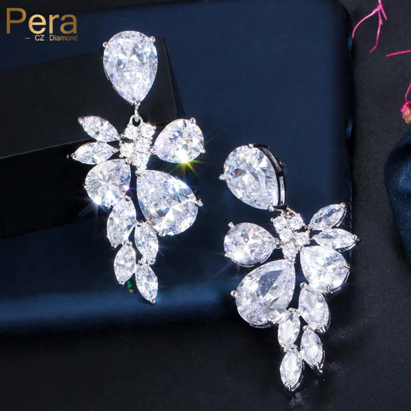 

Pera Sparkling White Cubic Zirconia Silver Color Long Big Flower Leaf Dangly Drop Earrings for Brides Wedding Jewelry Gift E205