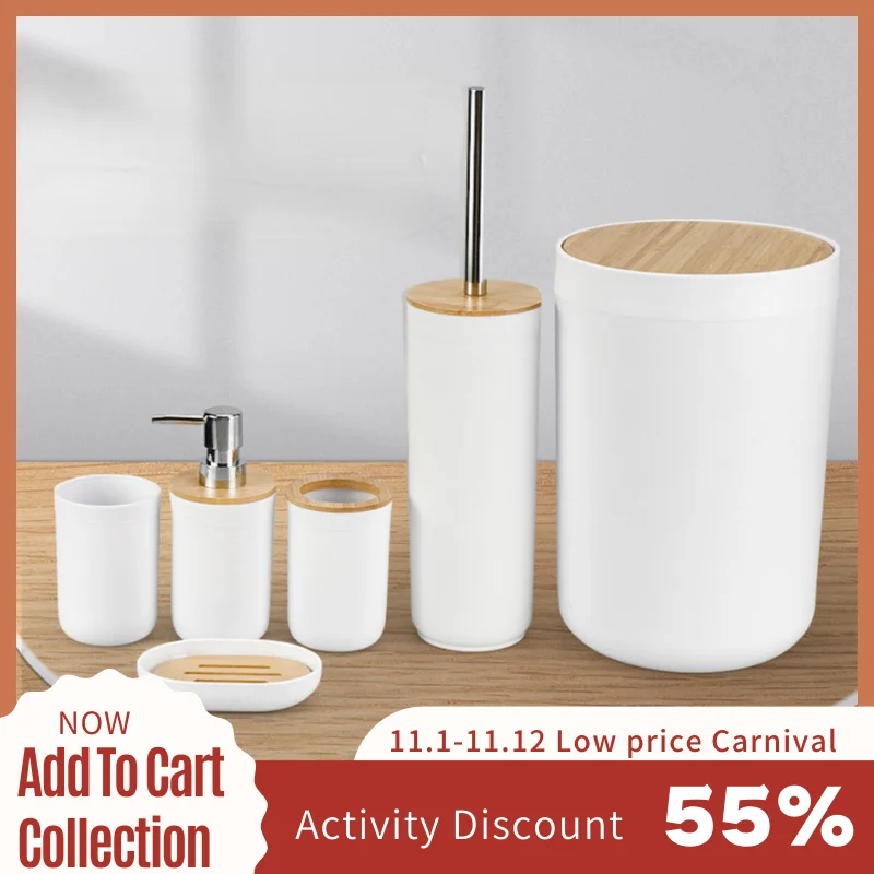 

6pcs Bathroom Accessories Set Bamboo Wood Cover Trash Can Soap Lotion Dispenser Soap Dish Storage Bathroom Wash Set Organizer