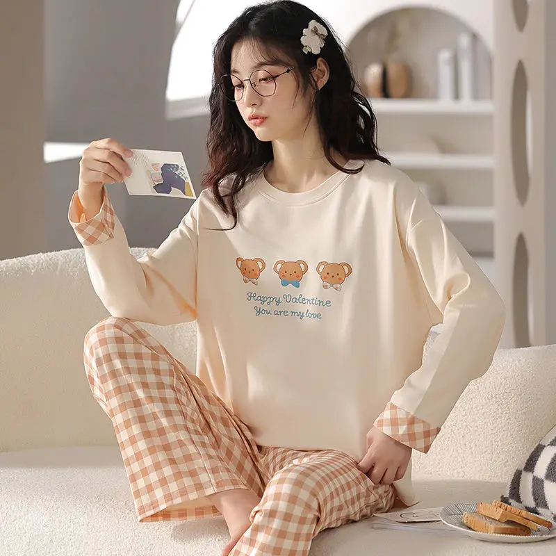 Pajamas Ladies Spring Autumn Long Sleeve Polyester Cotton Women's Autumn and Winter Large Size Casual Autumn Homewear Set