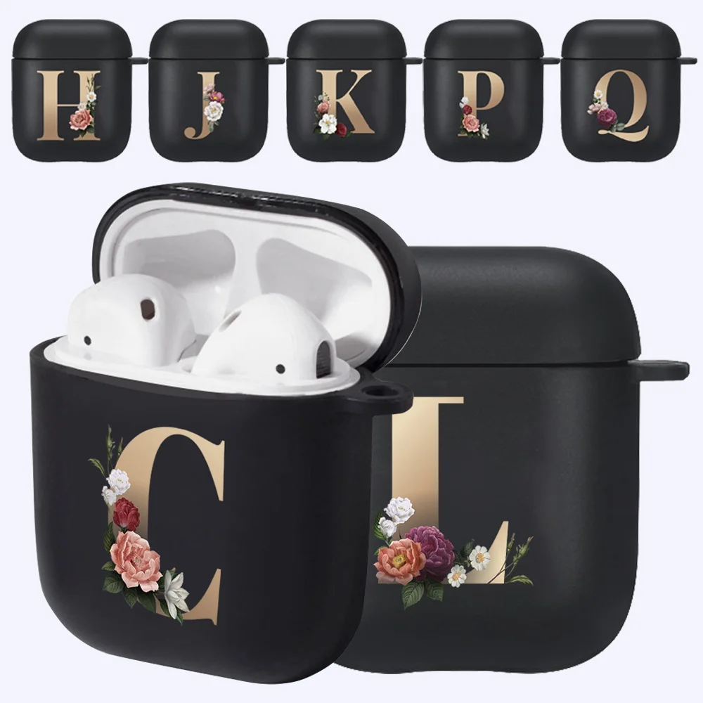 

Earphone Cases for Apple Airpods 1st/2nd Gen Black Silicone Wireless Bluetooth Box Cover Cute Floral Gold Initial Letter Pattern
