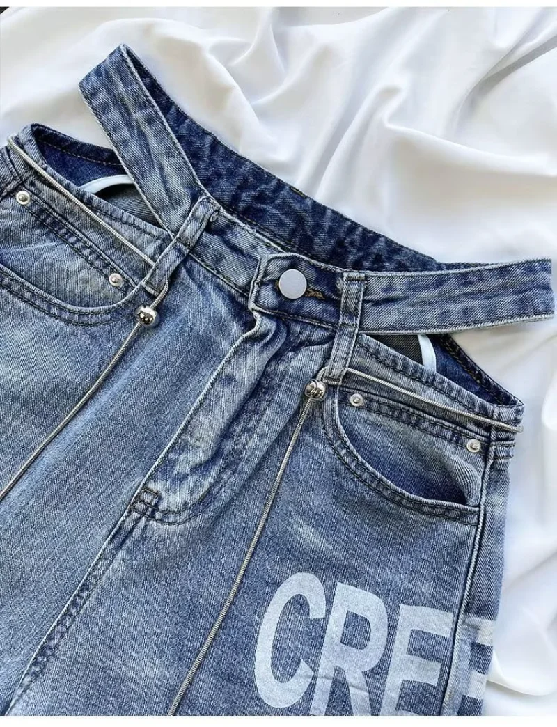 American Ripped Womens Jeans Autumn High Waist Loose Casual Sexy Letter Print Straight Leg Wide Leg Trousers for Women