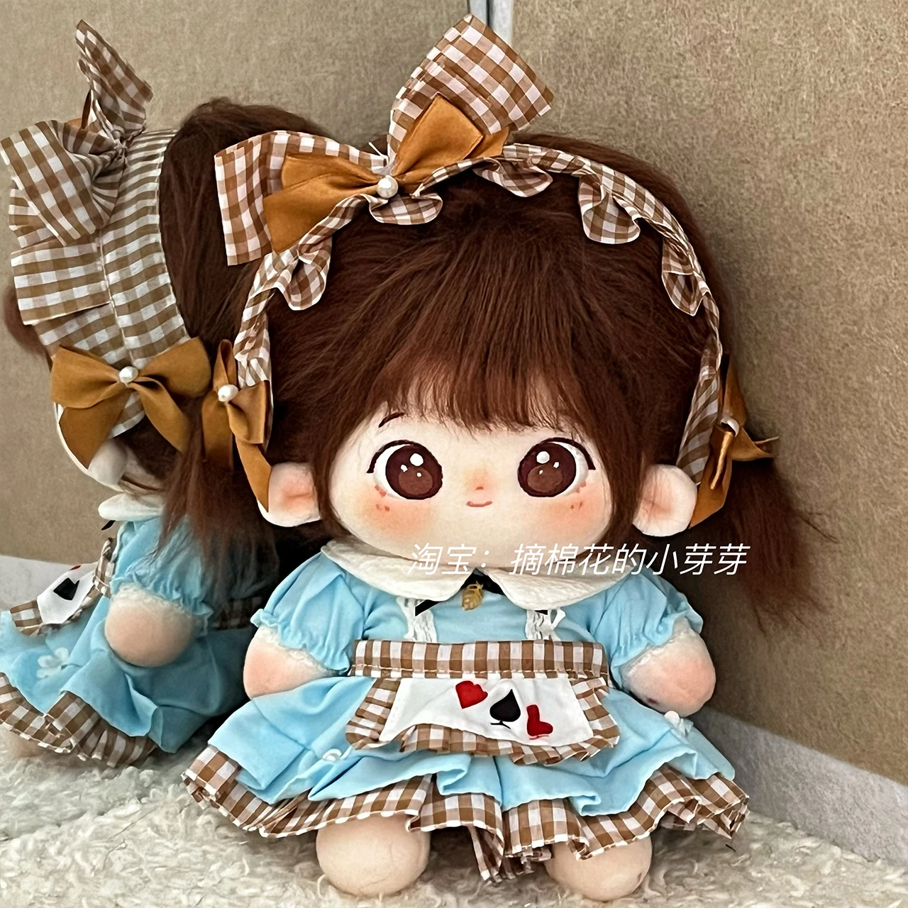

In Stock Princess Alice Blue Poker Pattern Plaid Dress Costume Suit 20cm Plush Cotton Doll Change Clothes Outfit Cosplay Gift