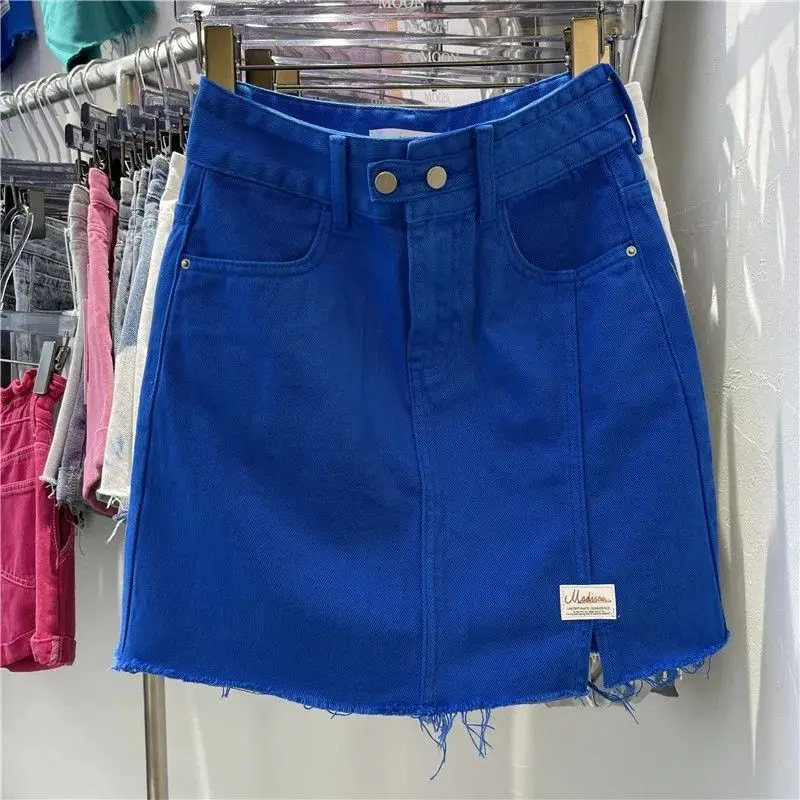 Solid color high waist denim skirt 2022 summer new Korean version fashion  casual A-line bag hip short skirt trend