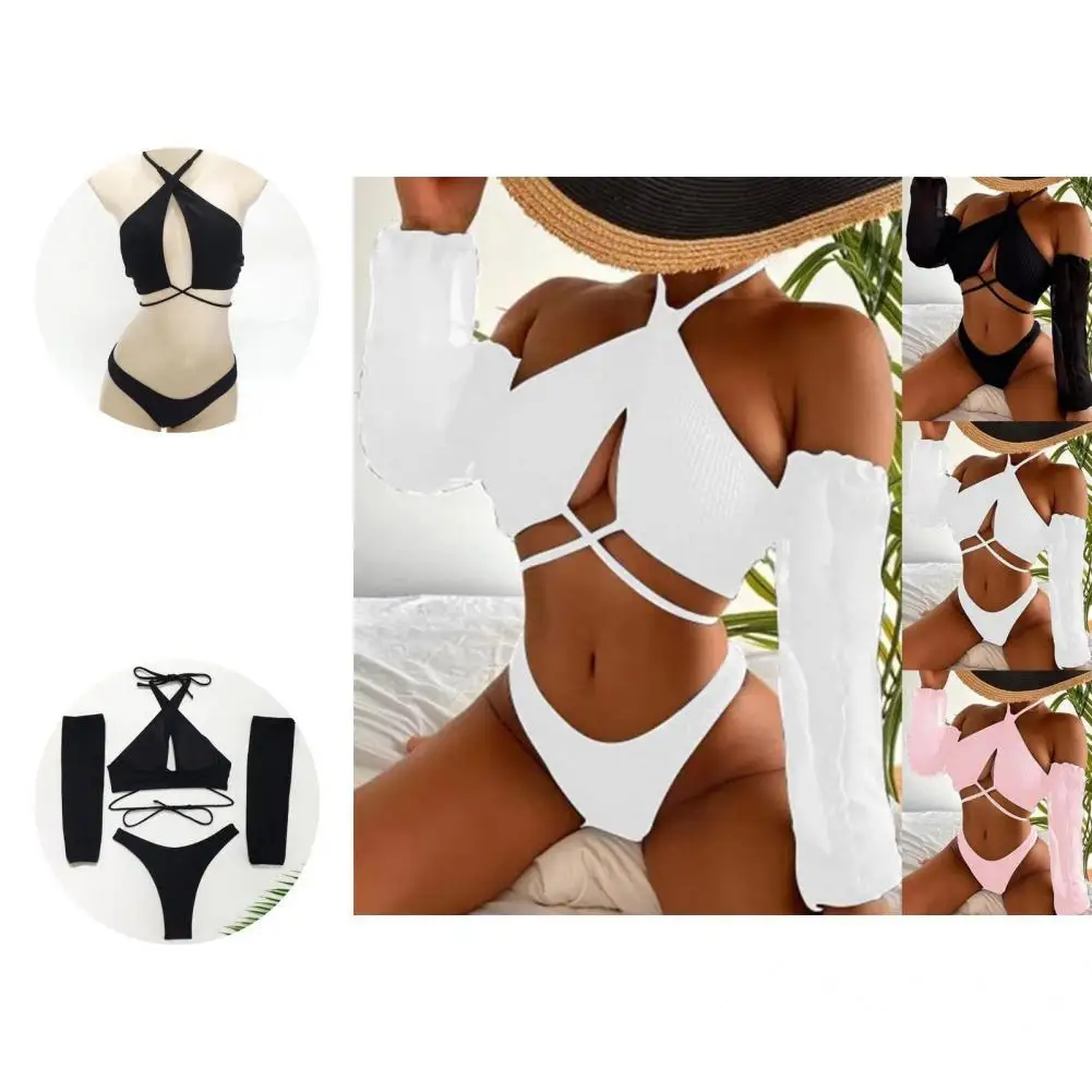 

Шикарный летний комплект бикини на бретелях с открытой спиной, однотонный комплект бикини для спа, 3 шт./компл.