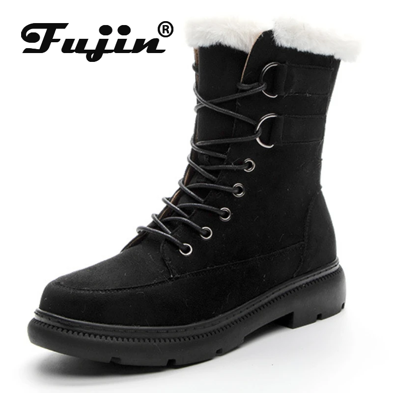 

Fujin 3cm New Sheepskin Leather Women Ankle Motorcycle Snow Boots Women Fashion Winter Warm Fur Plush Round Toe Hoof Heels Shoes