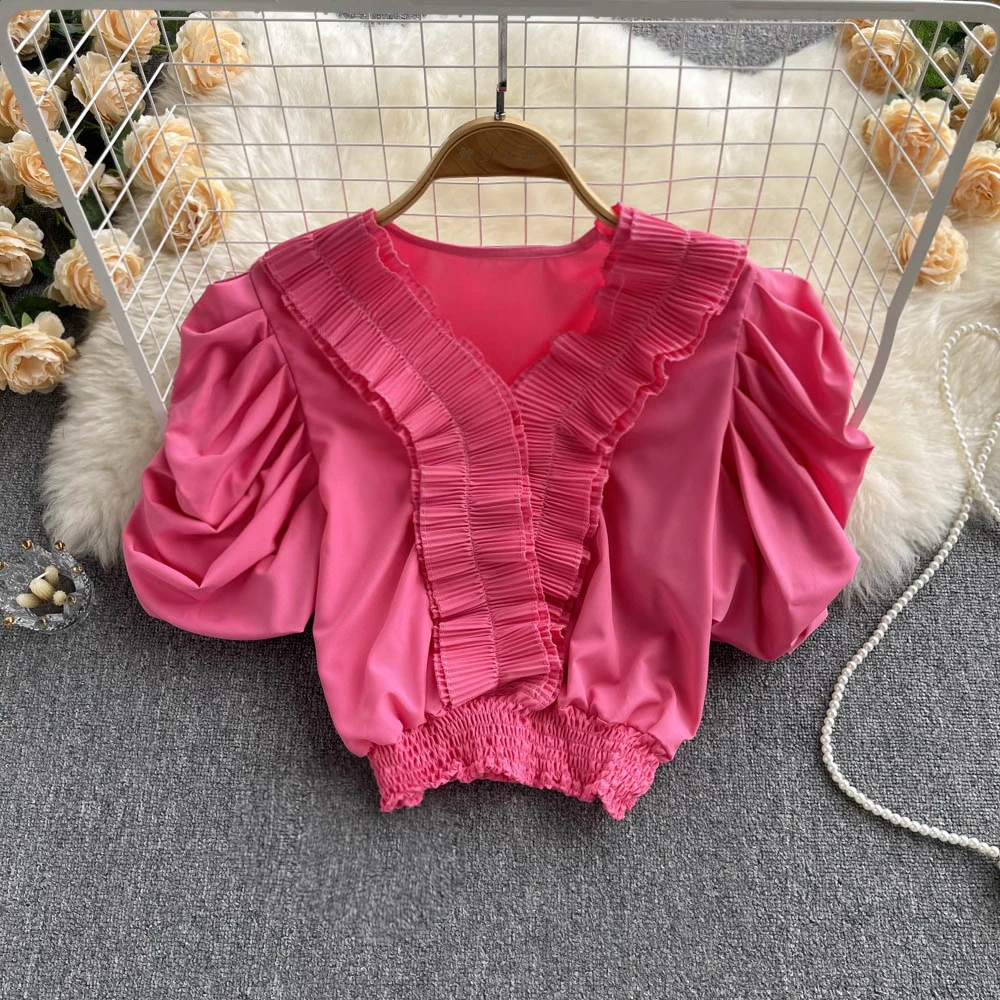 

Женская шифоновая блузка с коротким рукавом и V-образным вырезом