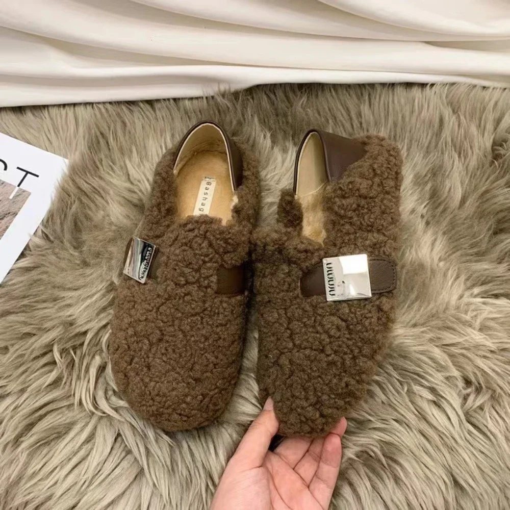 Женские зимние плюшевые туфли на плоской подошве уличные ботинки модные лоферы с