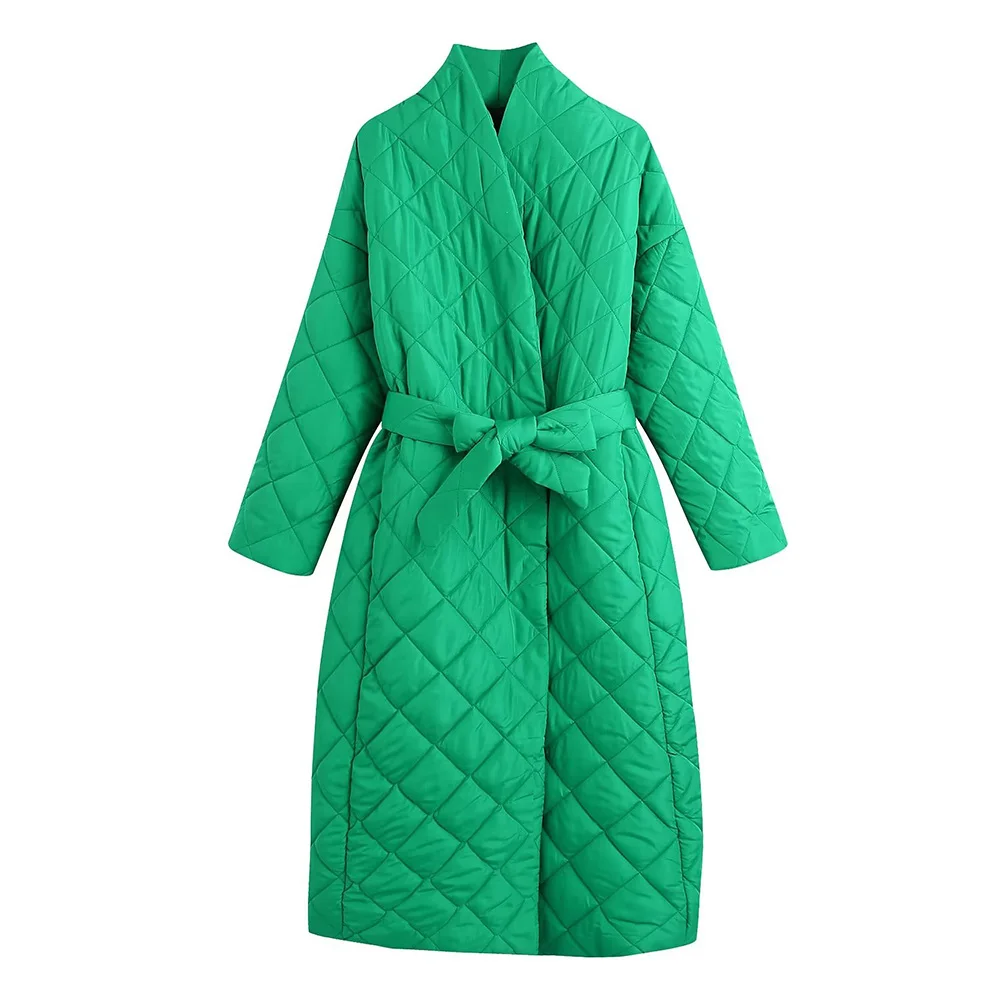 

PB&ZA2022 Winter Clothes Women Green Long Coat Cotton Padded Jacket Korean Casual Loose Street Style Belt Jacket Female clothing