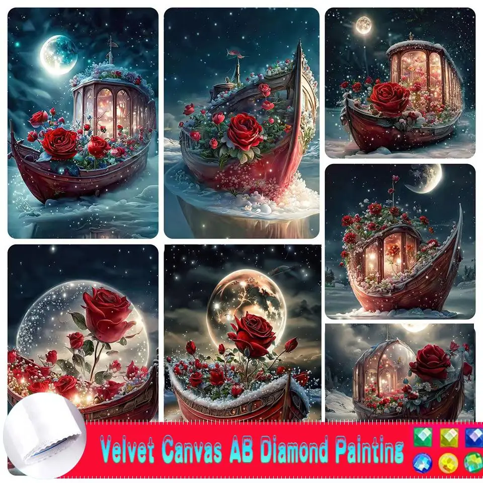 

Romantic Rose AB Velvet Canvas Diamond Painting Flower Boat Landscape 5D Full Round Drill Mosaic Hand Art Embroidery Home Decor