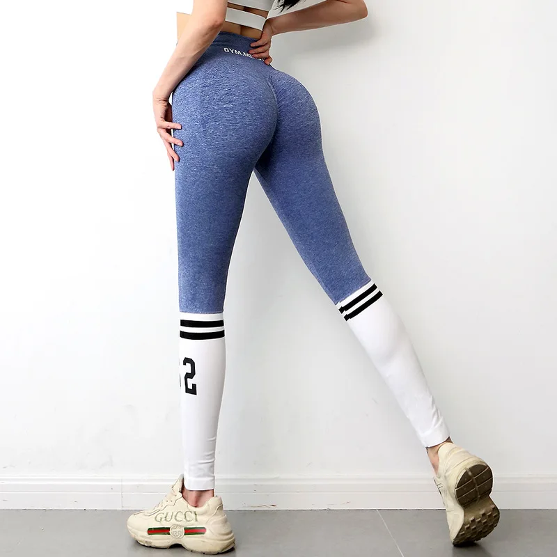 Women Yoga Pants Striped Letters Seamless Legs Tie Peach Hip Yoga Pants Sports High Waist Full Length Fitness Leggings Fitness