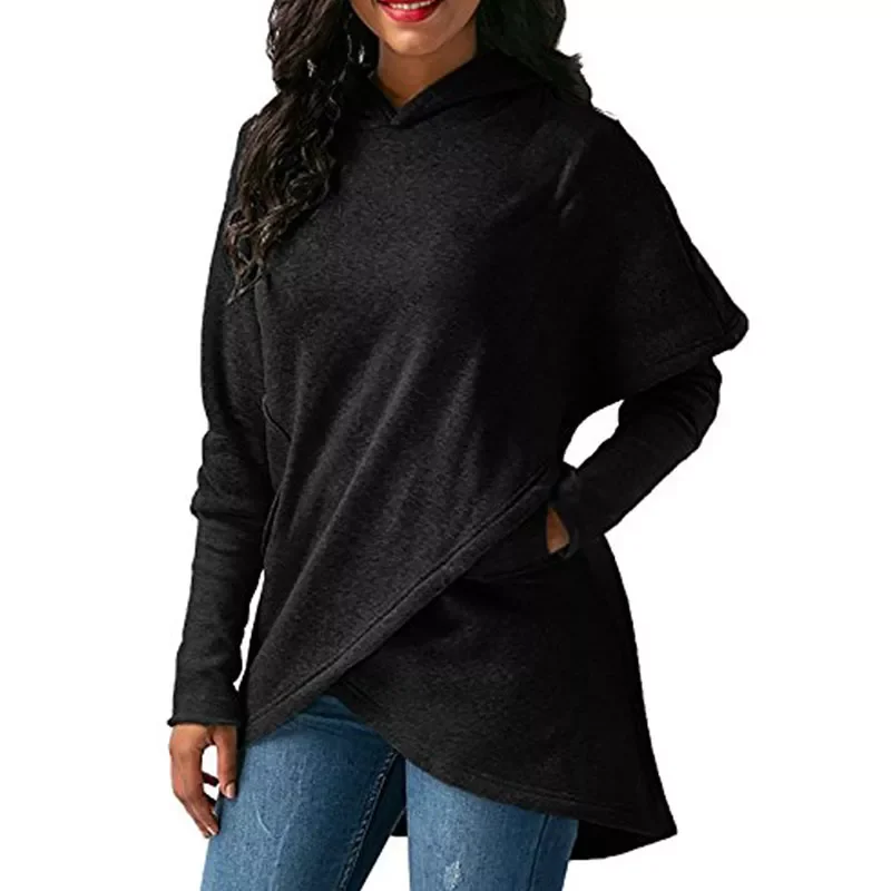 

2022New Womens Hoodie Long Sleeve Hooded Asymmetrical Hem Wrap Hoodie Solid Casual and Loose Fit Sweatshirt Outwear Pullover