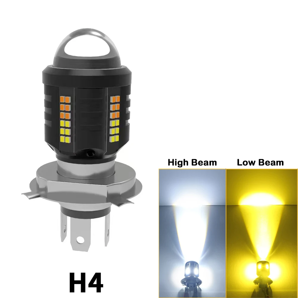 

1 шт. светодиодные лампы для мотоциклетных Фар H4, дальний и ближний свет 2016 3570SMD, мотоциклетная Светодиодная лампа 6500K, белый, янтарный, двухцветный, лм, 12 В