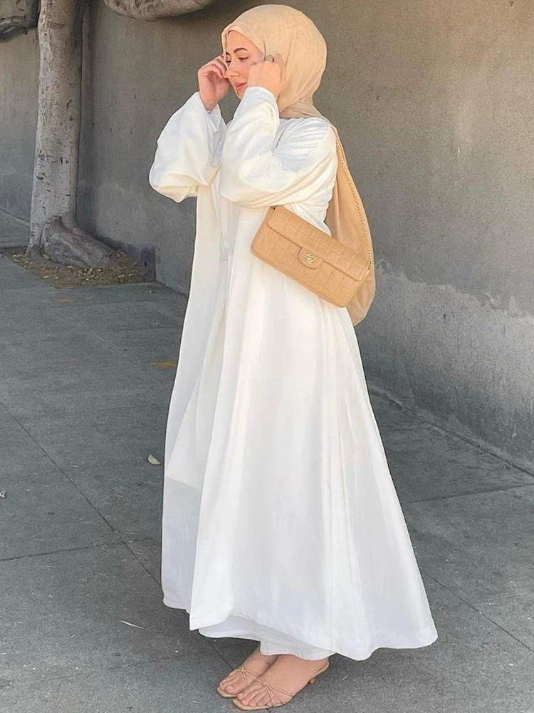 Muslim 2 Piece Abaya Set Wrap Front Long Dress+Kimono Cardigan Islamic Clothing Dubai Turkish Women Modest Matching Outfits