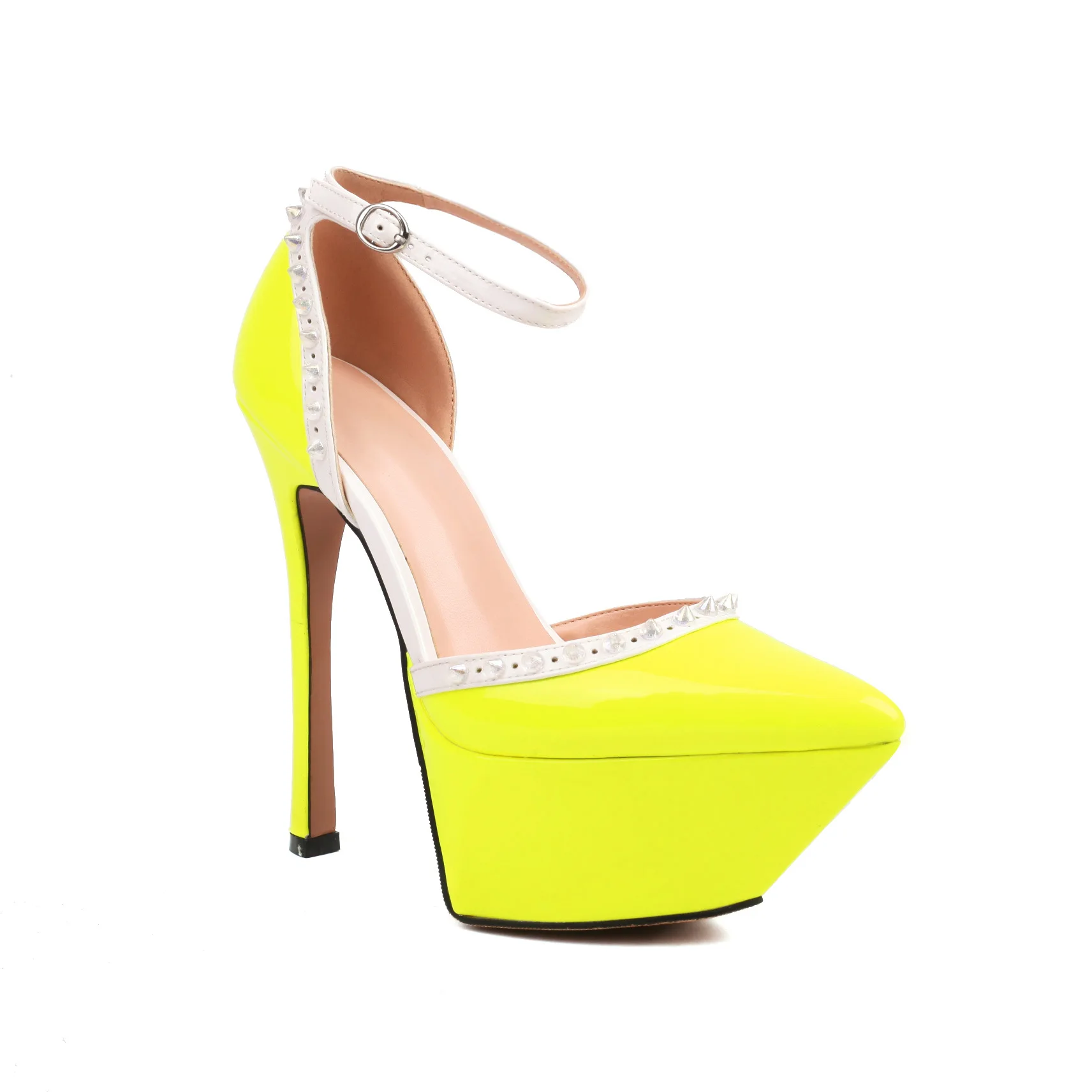 New Hot Pointed Toe Rivets Decorated Thick Sole Platform Gladiator Pumps Ladies Buckle Strap Thigh High Heels Dress Runway Shoes