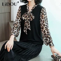 fake two pieces leopard patchwork long sleeve commute shirt 2022 new office lady elegant bow lacing v neck temperament blouse