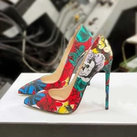 new multicolour printed women high heel pumps 8cm 10cm 12cm stiletto heel patchwork shoes pointed toe celebrating banquet shoes