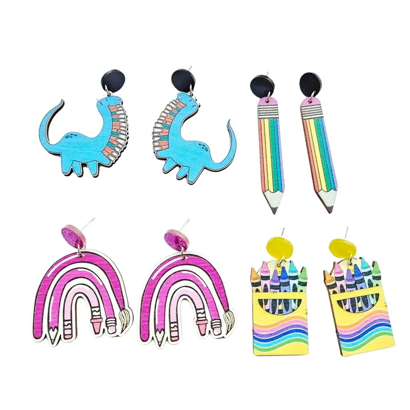 

New 2023 Opening Season Graduation Season School Teachers Students Dinosaur Books Rainbow Pencil Crayon Earrings