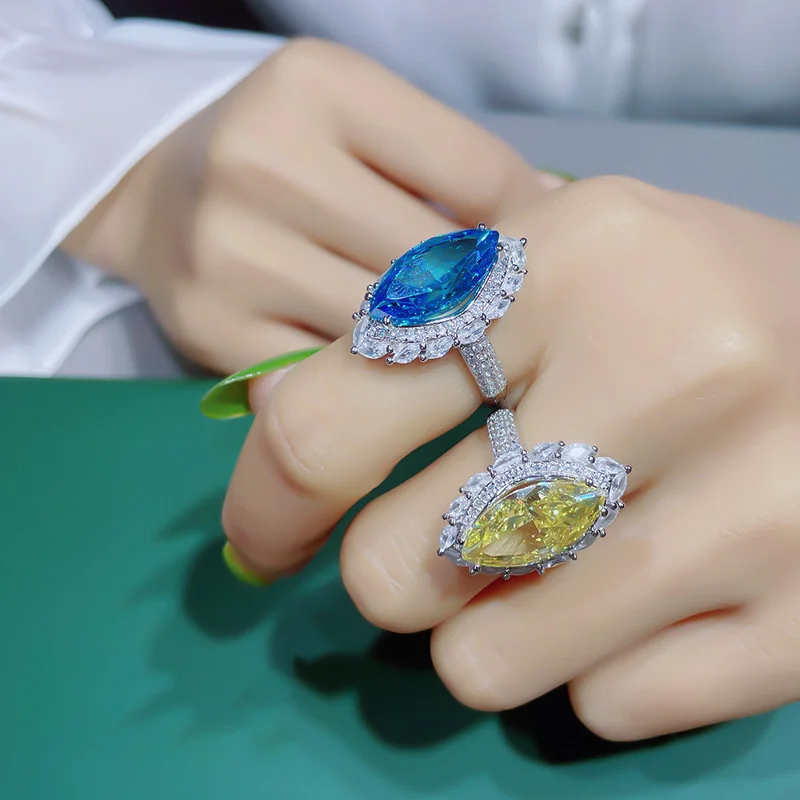 

Овальное серебряное кольцо, 925 Оригинальное женское синее красивое ярко-желтое свадебное кольцо