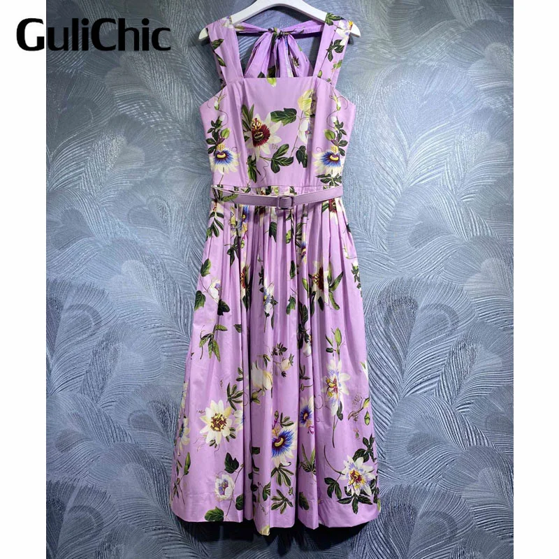 

6.10 GuliChic Women Elegant Fashion 100% Cotton Spaghetti Strap Back Bow Lace-Up Flower Print With Belt Slim Folds Dress