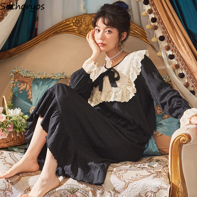 

2023 Plus. size M-5XL LONG Sleeve Nightgowns. Women. Eleon tender lace cute bow patchwork Soft Evening dress sleepwear retro Fre
