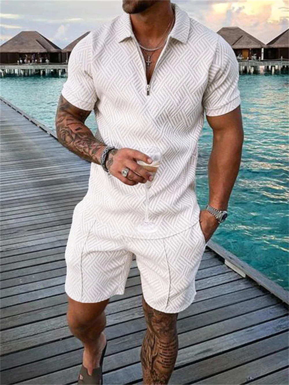 Men's Tracksuit Cotton Solid Color Short Sleeve Zipper Polo Shirt&Shorts Set for Men Casual Streetwear 2-piece Suit 2023 Summer