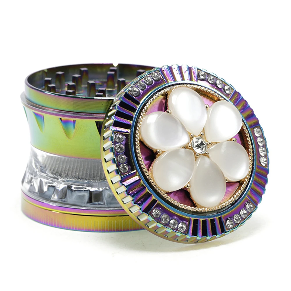 

Tobacco Crucher Diamond Flower Shape 4 Layers 60mm Rainbow Color Zinc Alloy Herb Mills Spice Crusher