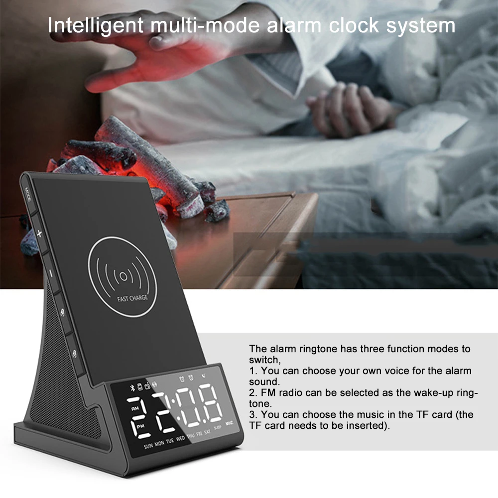

4 In 1 Smart Alarm Clock Bluetooth Speaker Multifunction Radio LED Dual Alarm Clock Timer With Qi Wireless Charging Function
