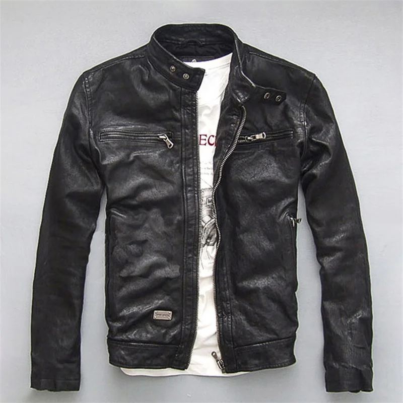 

Men'S Leather Jacket Cow Suit Slim Fit Motorcycle Goat Autumn Coat Stand Collar Black Jaqueta Masculina Motoqueiro Veste Homme