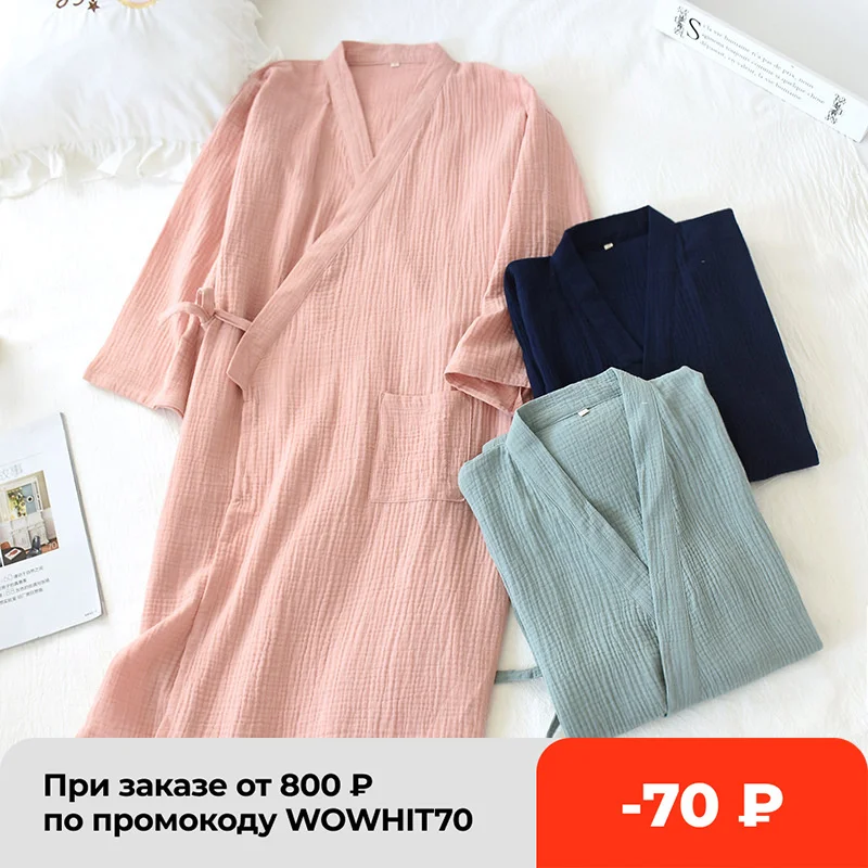 

2021 Japanese-style kimono spring and summer new 100% cotton crepe ladies thin nightgown men bathrobe robe home service pajamas