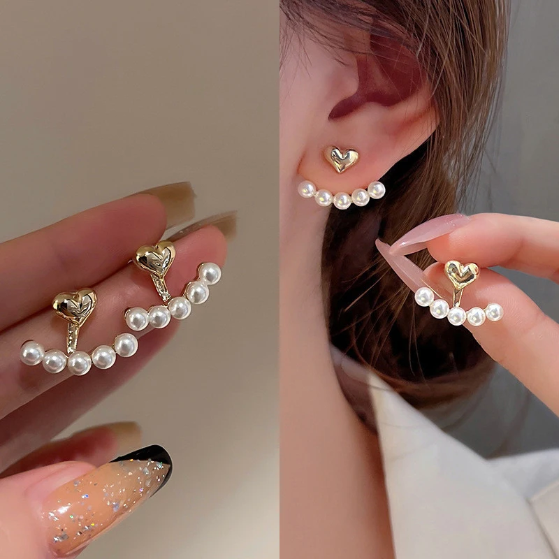 

2022 New Elegant Metal Heart-Shaped Back Hanging Pearl Earrings Korean Fashion Jewelry for Woman Girls Accessories Wholesale