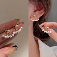 2022 new elegant metal heart shaped back hanging pearl earrings korean fashion jewelry for woman girls accessories wholesale