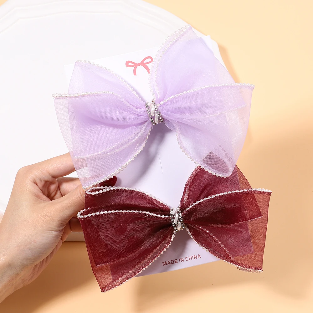 

New Girls Elegant Pearls Double Layer Chiffon Bow Hairpins Kids Sweet Hair Clips Decorate Headband Fashion Hair Accessories