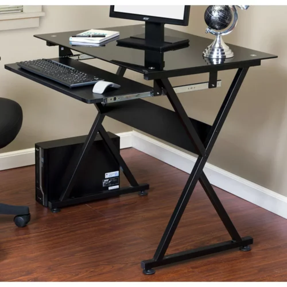 

50-JN1205 Glass Computer Desk, with Pull-Out Keyboard Tray, Black folding table laptop desk
