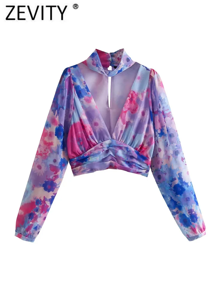 

Zevity Женская Сексуальная шифоновая короткая блузка с V-образным вырезом и принтом красителя, женская блузка с подолом и складками, рубашка с боковой молнией, блузы, шикарные укороченные топы LS3857