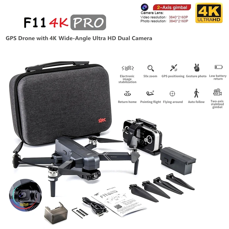 Hot SJRC F11S 4K Pro Drone With Camera 3KM WIFI GPS EIS 2-axis Anti-Shake Gimbal FPV Brushless RC Drone Professional Quadcopter
