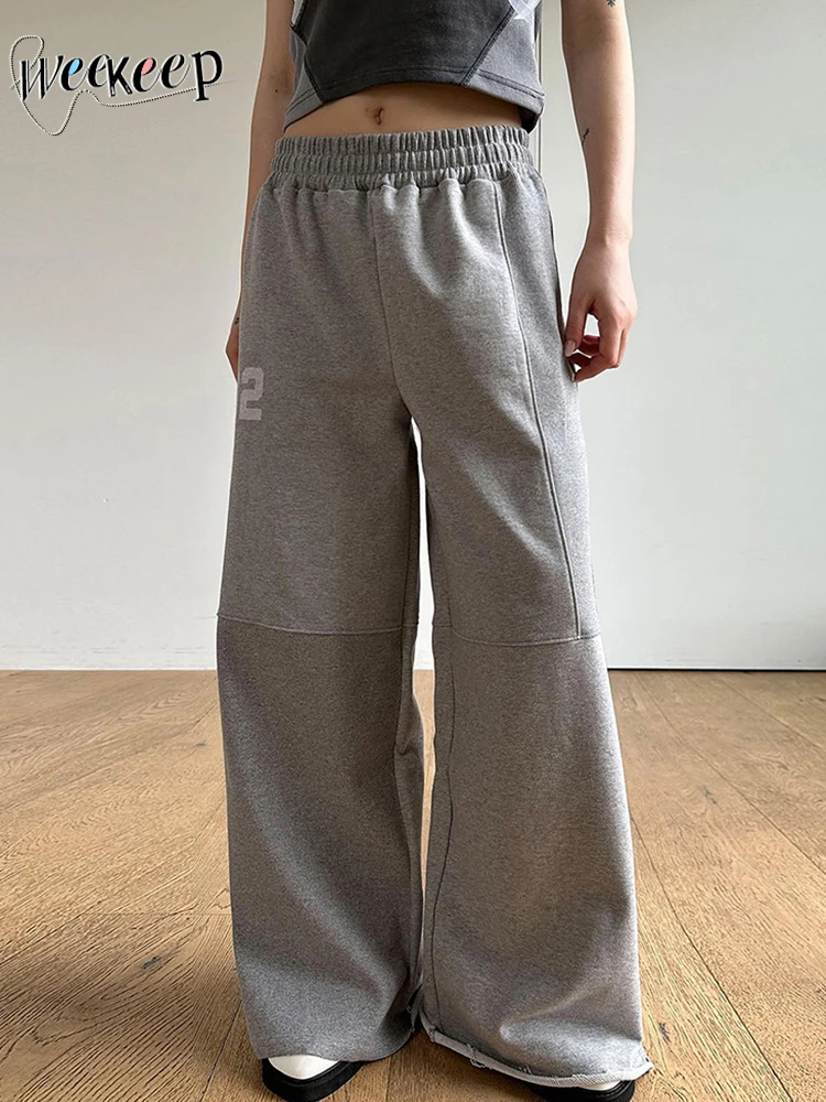 

Weekeep Grey Wide Leg Sweatpants Elastic High Waist Baggy Trackpants y2k Streetwear Women Casual Pants Harajuku Trousers Vintage