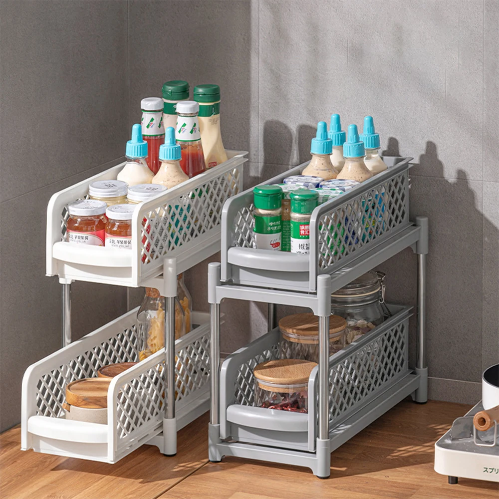 

Kitchen Organizer Under Sink 2 Tier Cabinet Storage Rack Drawer Space Saving Spice Pantry Snack Storage Holder Desktop Organizer