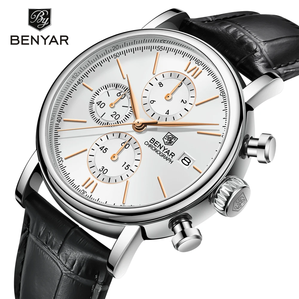 

2022 New BENYAR Men Watch Quartz Wristwatch White Dial 41MM Pilot 5Bar Waterproof Clock Luxury Chronograph