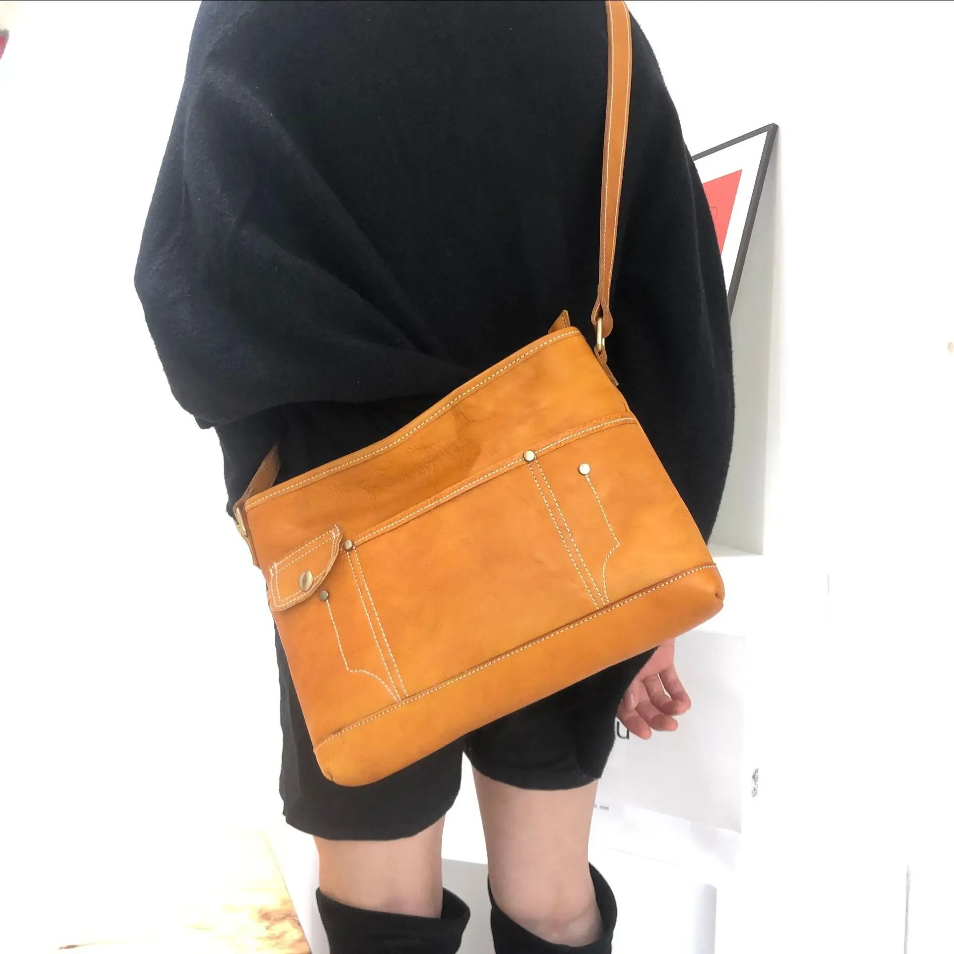 women handmade genuine leather vintage brown shoulder bag for female cowhide retro unique design personality crossbody bag