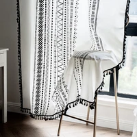 light beige geometric bohemian cotton curtains with black tassel for living room semi blackout blinds bedroom bay window m2135