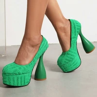 green orange terry towel fabric round toe sexy s shape womens pumps party dressy high heels slip on loafers platform stiletto