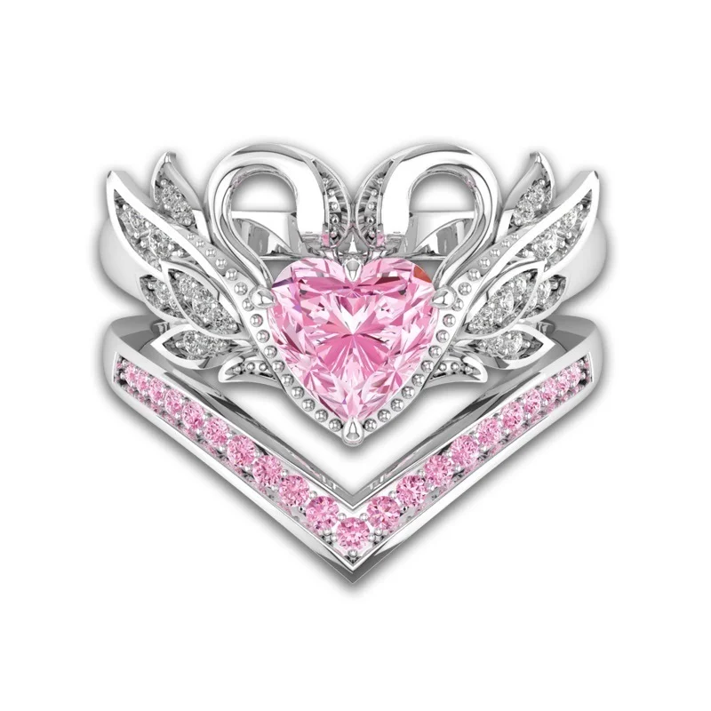 

High Crown Pink Zircon Ring Romantic Swan Love Couple Ring