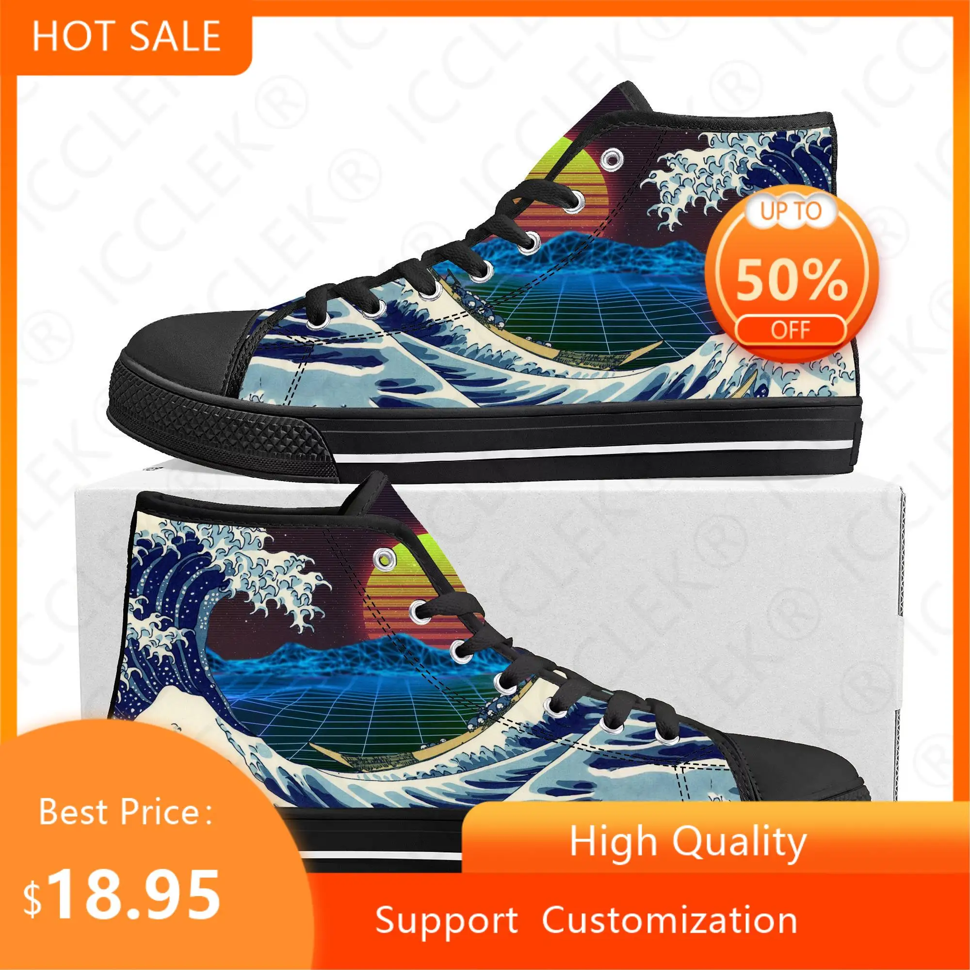 

Высокие кроссовки The Great Wave off Kanagawa с принтом, мужские и женские подростковые холщовые кроссовки, повседневная обувь для пары, обувь на заказ