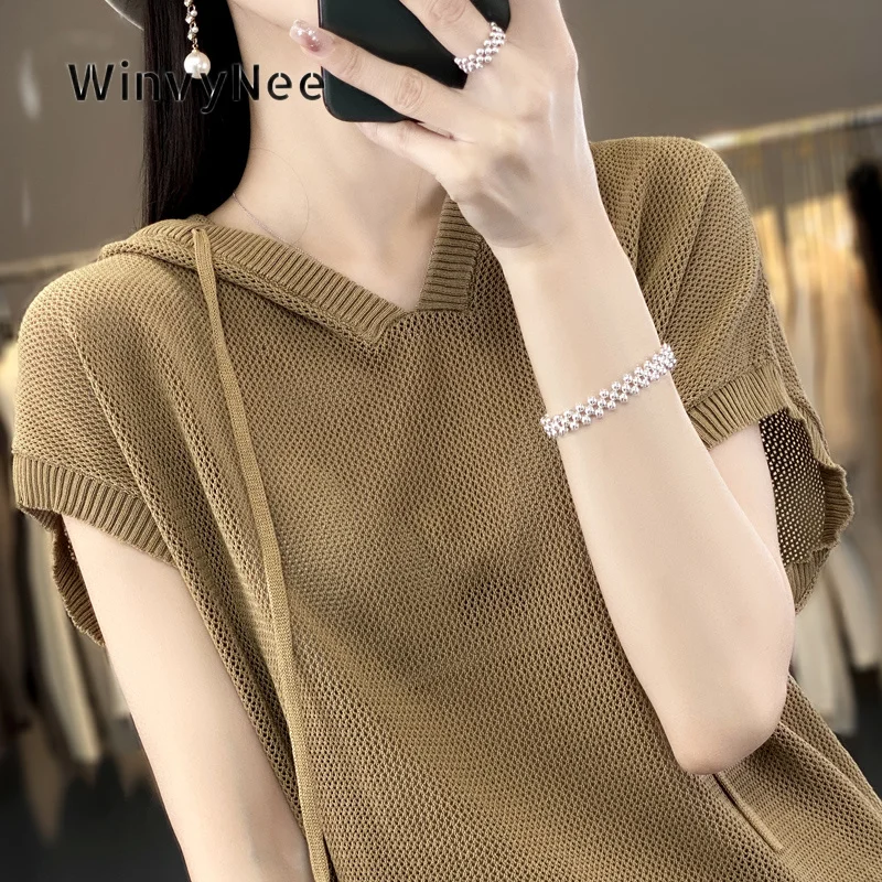 Фото Женский вязаный пуловер WinvyNee из тонкой шерсти с коротким рукавом и капюшоном, молодежный стиль, мягкий модный трикотаж, весна-осень ZA1737024 №5