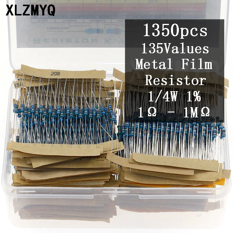 1350pcs 135Values 1/4W 1Ω - 1MΩ Metal Film Resistor Assortment Kit 10 100 220  330 470 1K 2.2K 4.7K 10K 100K 470K 1M Resistor