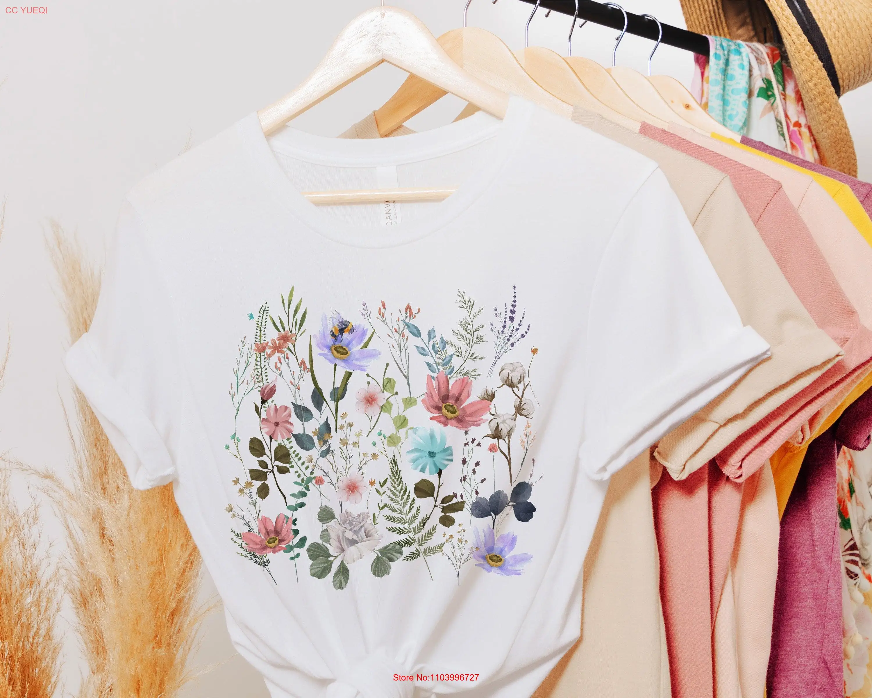 Футболка с диким цветком коттедж бамбл пчела ботанический винтажный садовод