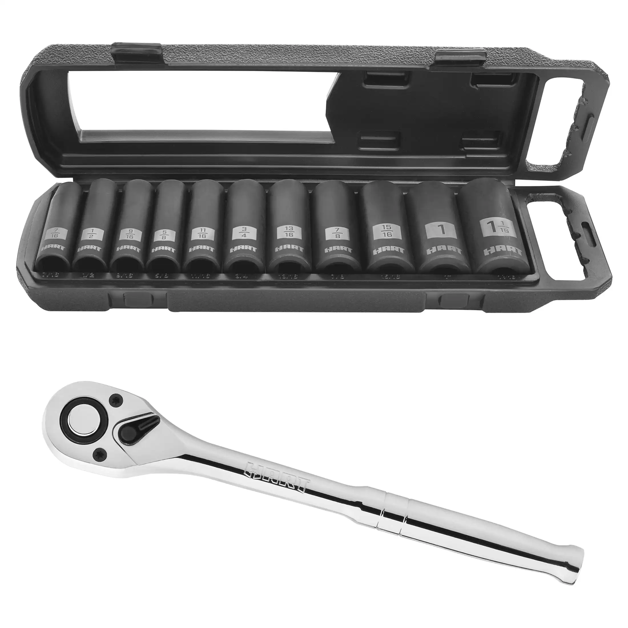 

90-Tooth 1/2-inch Drive Ratchet, Chrome Vanadium Steel and 11- Piece 1/2-inch Drive SAE Impact Socket Set, Chrome Vanadium