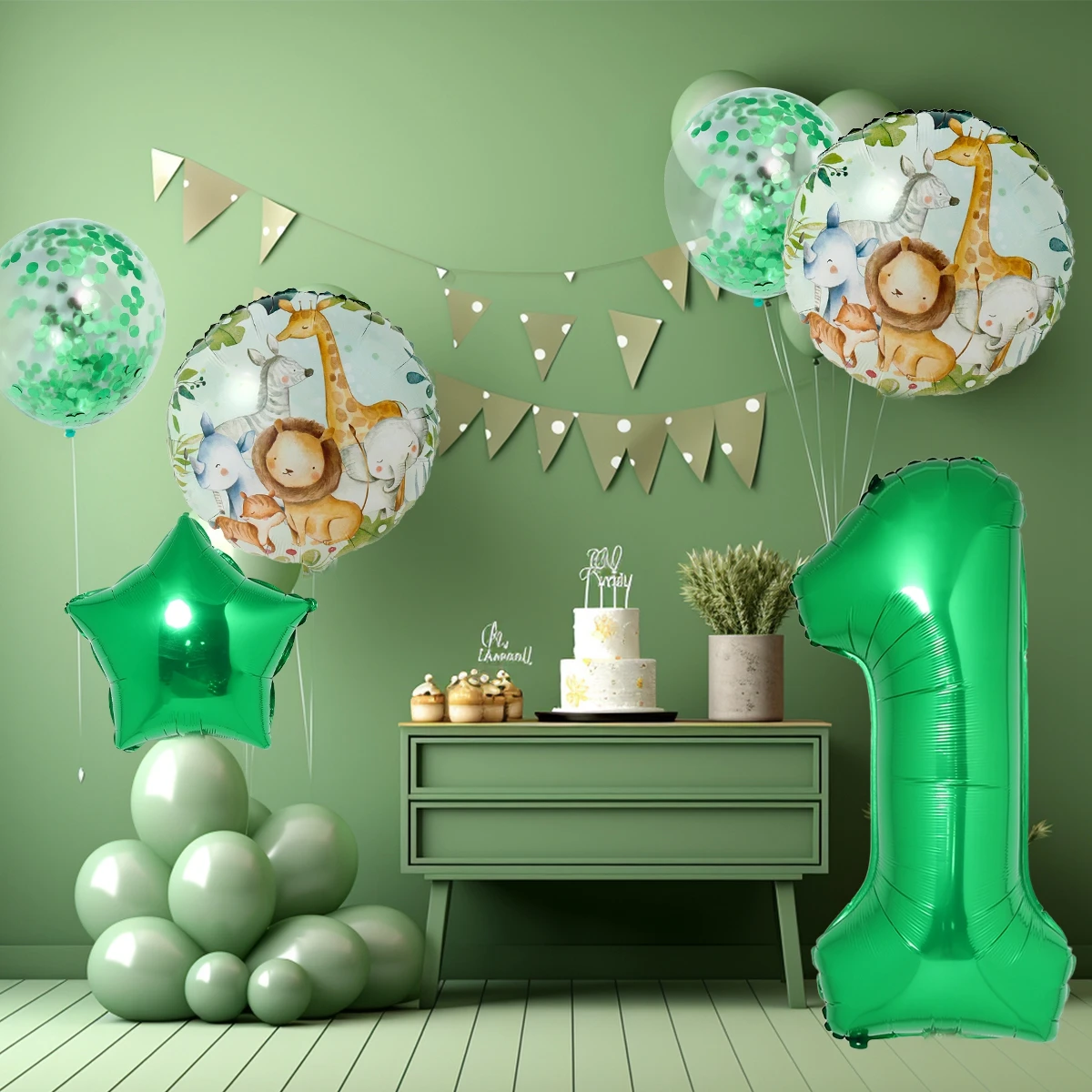 Набор воздушных шаров 0-9 с животными и зелеными цифрами